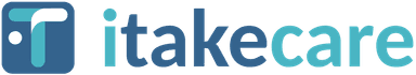 Logo stylisé avec le texte "itakecare" en bleu et turquoise sur fond transparent.