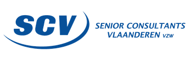 Logo de SCV, Senior Consultants Vlaanderen vzw, avec un design en bleu.